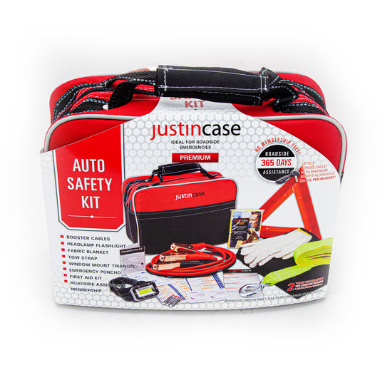 Justin Case Premium auto safety kit packaging on a white background
