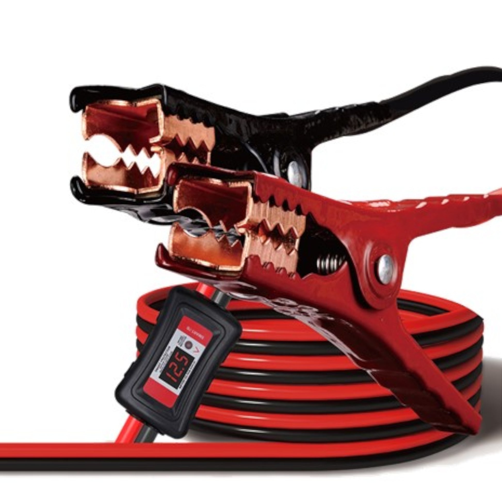 Red and black jumper cable set with digital display on a white background