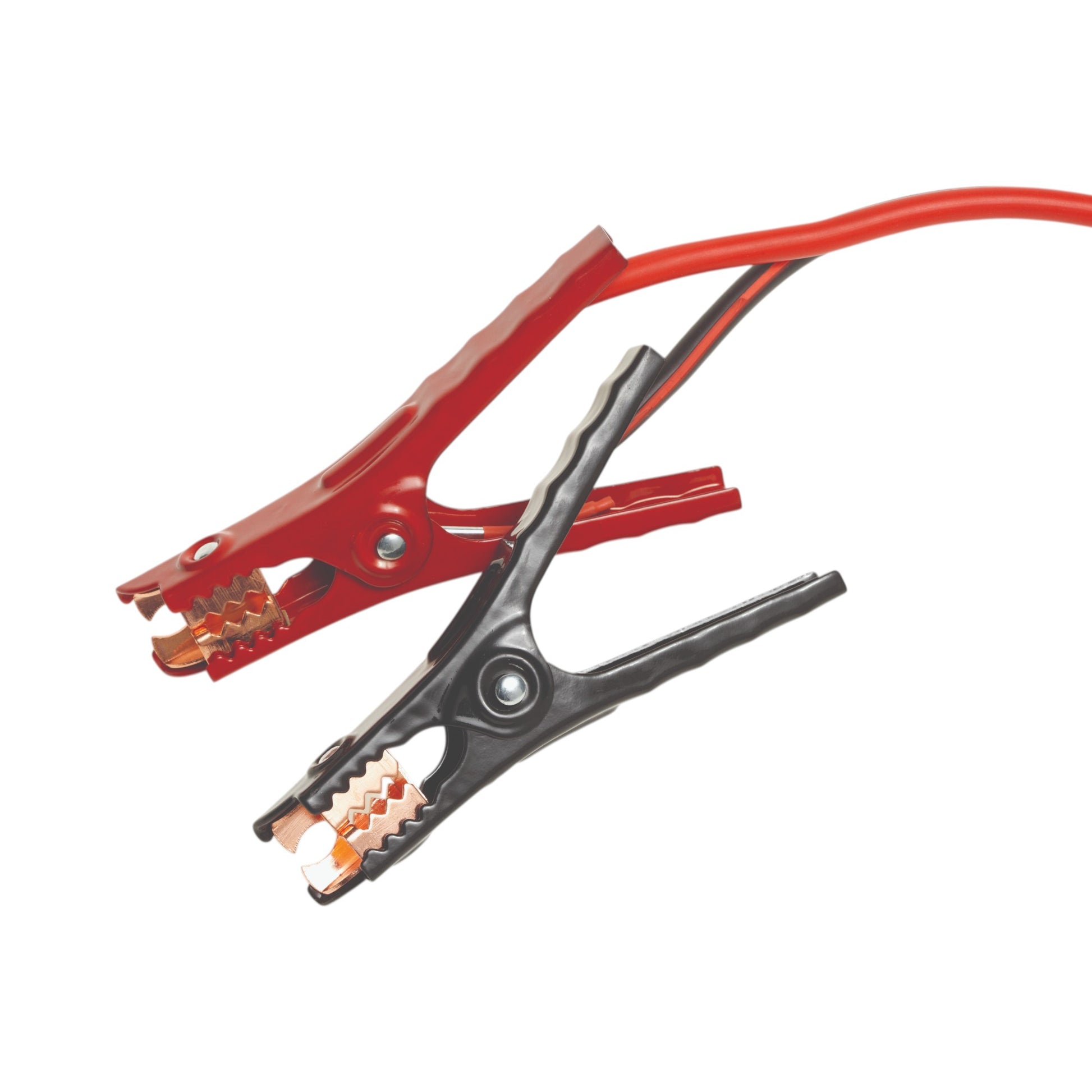 Red and black alligator clips on a white background