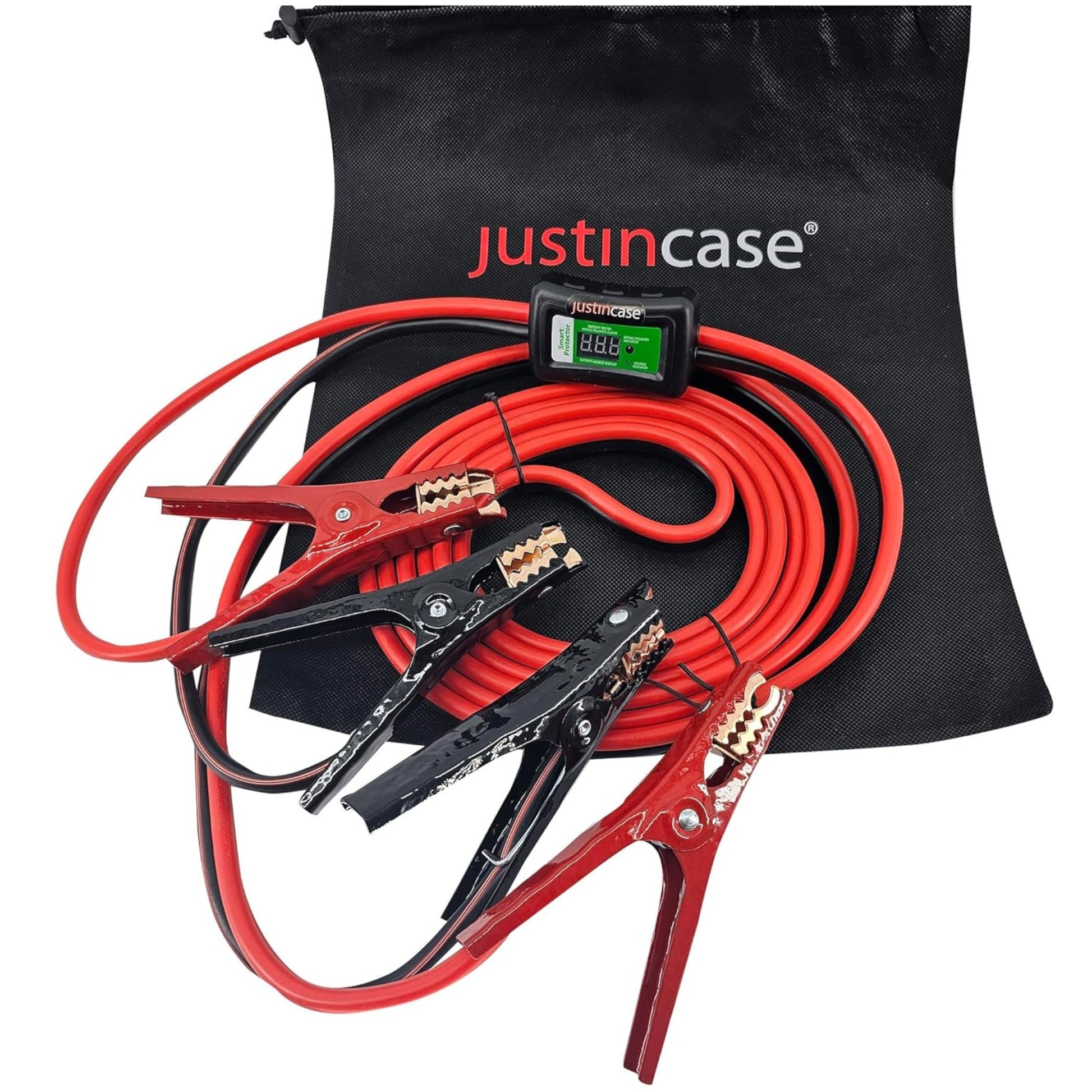 Jumper cables with clamps and digital meter on a black Justin Case branded bag.