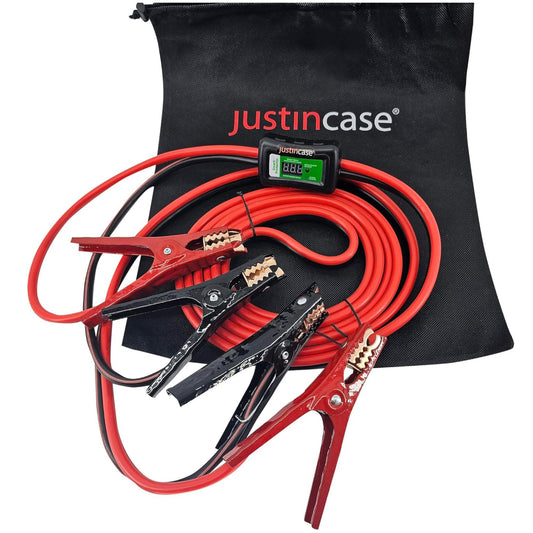 Jumper cables with clamps and digital meter on a black Justin Case branded bag.