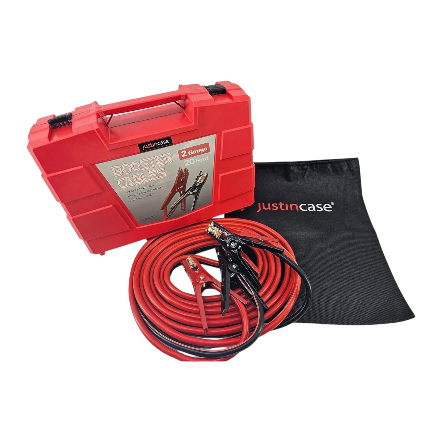Red booster cables with a carrying case and black pouch on a white background