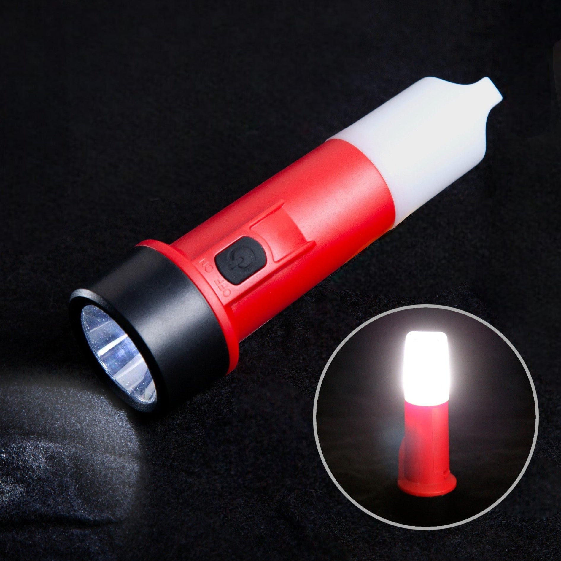 Red and white flashlight on a black background with close-up inset showing light output.