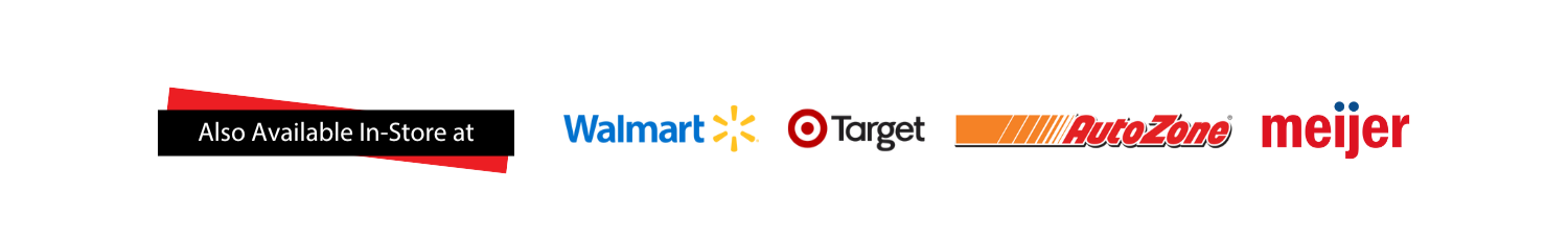 Logos of Walmart, Target, AutoZone, and Meijer with a red banner indicating availability in-store.