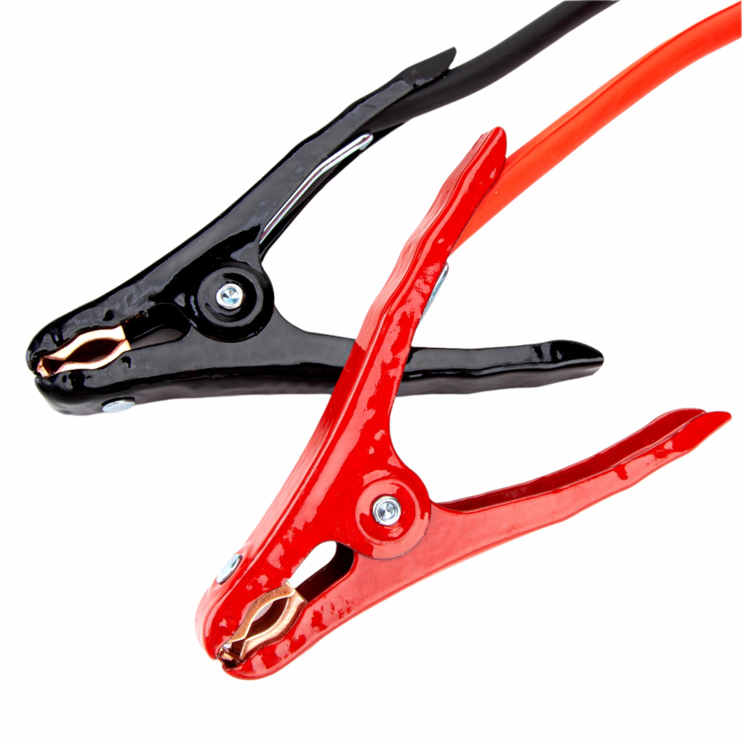 Red and black alligator clips on a white background