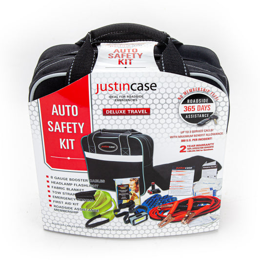 Justin Case Deluxe auto safety kit packaging on a white background